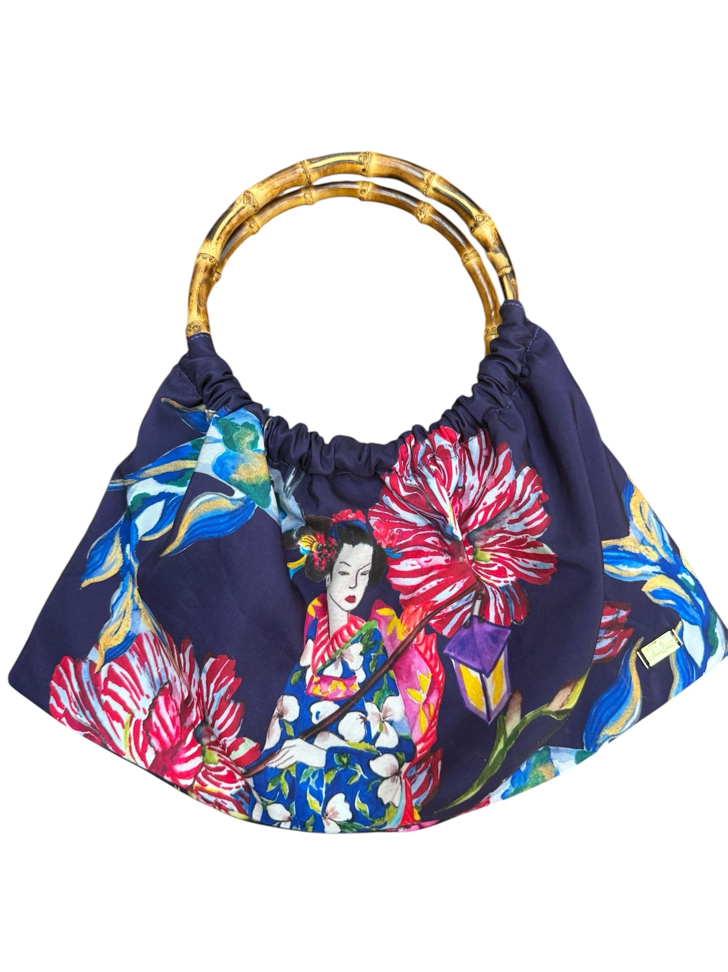 Cartera aro bambú Family Rose estampado de obra pintada a mano geisha morada