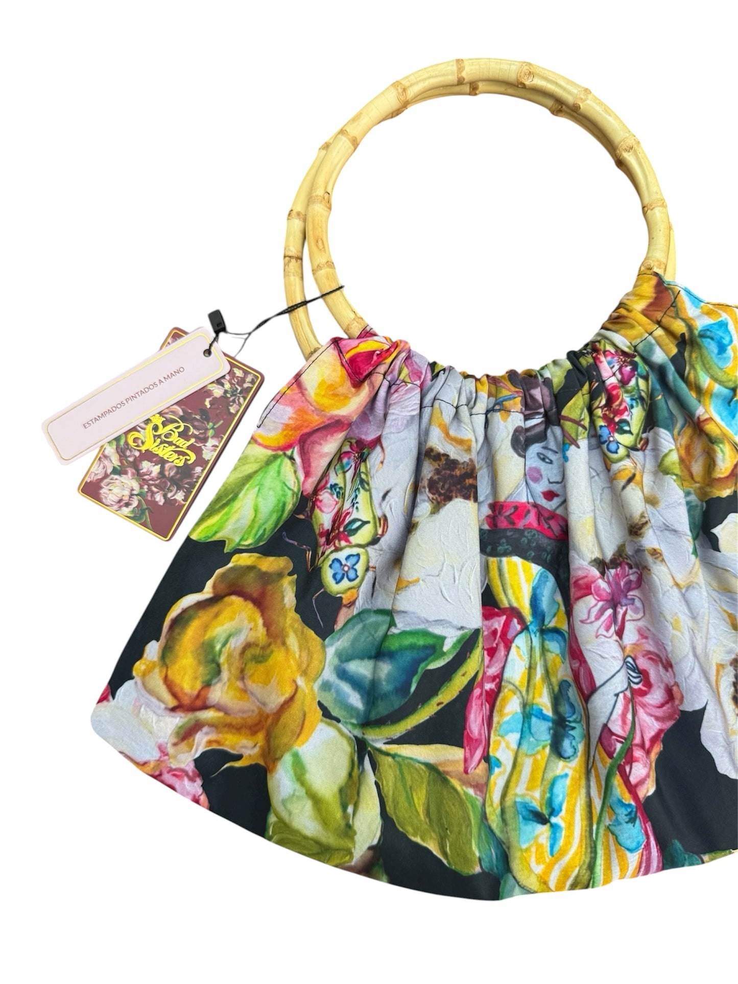 Cartera aro bambú Family Rose estampado de obra pintada a mano geisha verde