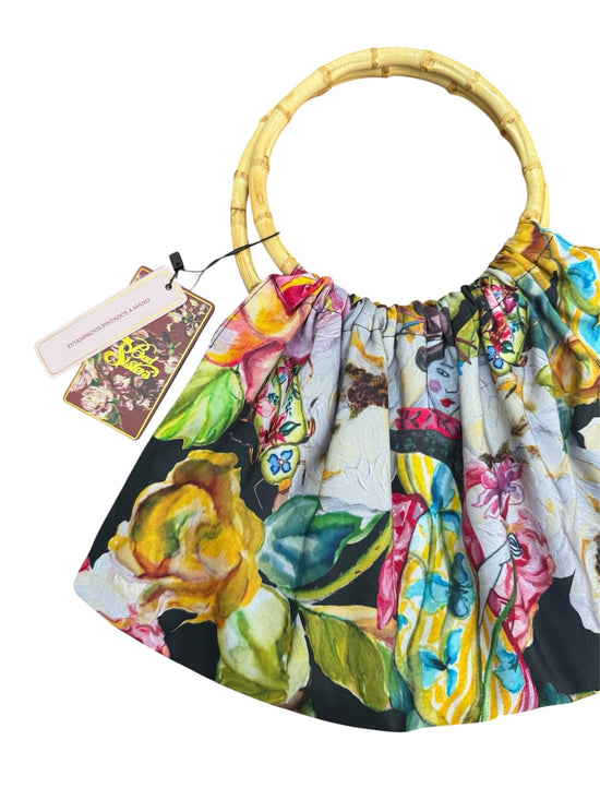 Cartera aro bambú Family Rose estampado de obra pintada a mano geisha verde