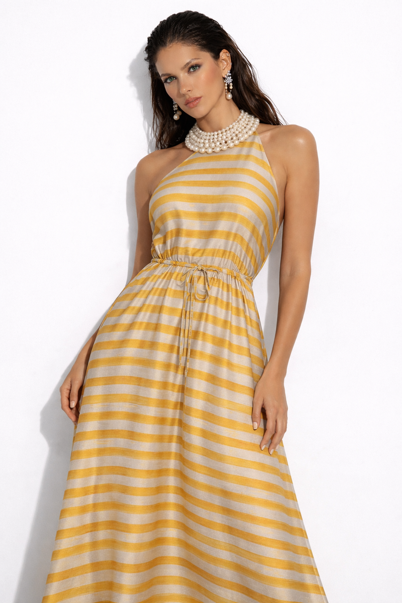 Vestido largo halter rayado amarillo Bad Sisters