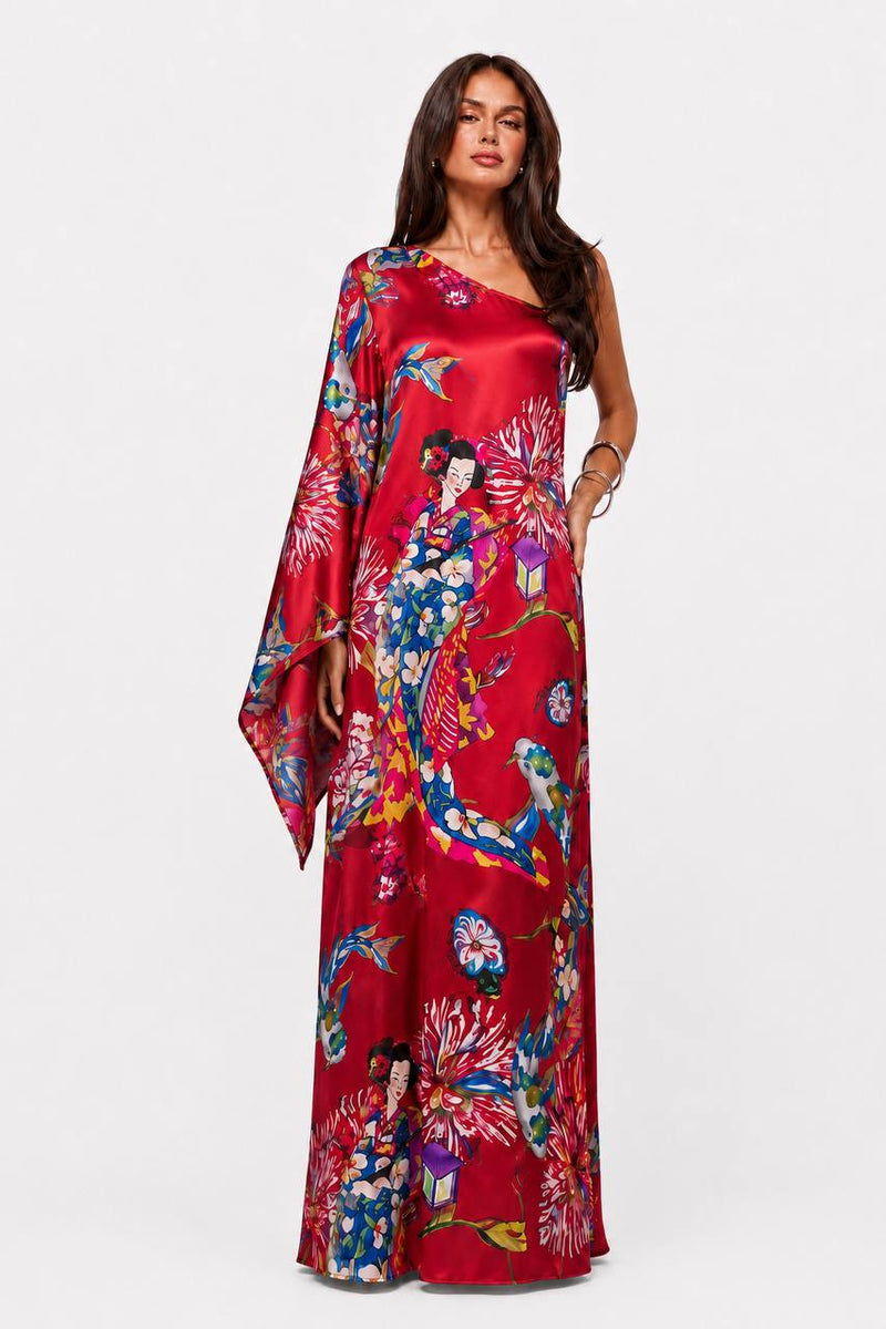 Vestido asimétrico 100% seda geisha rojo de Bad Sisters