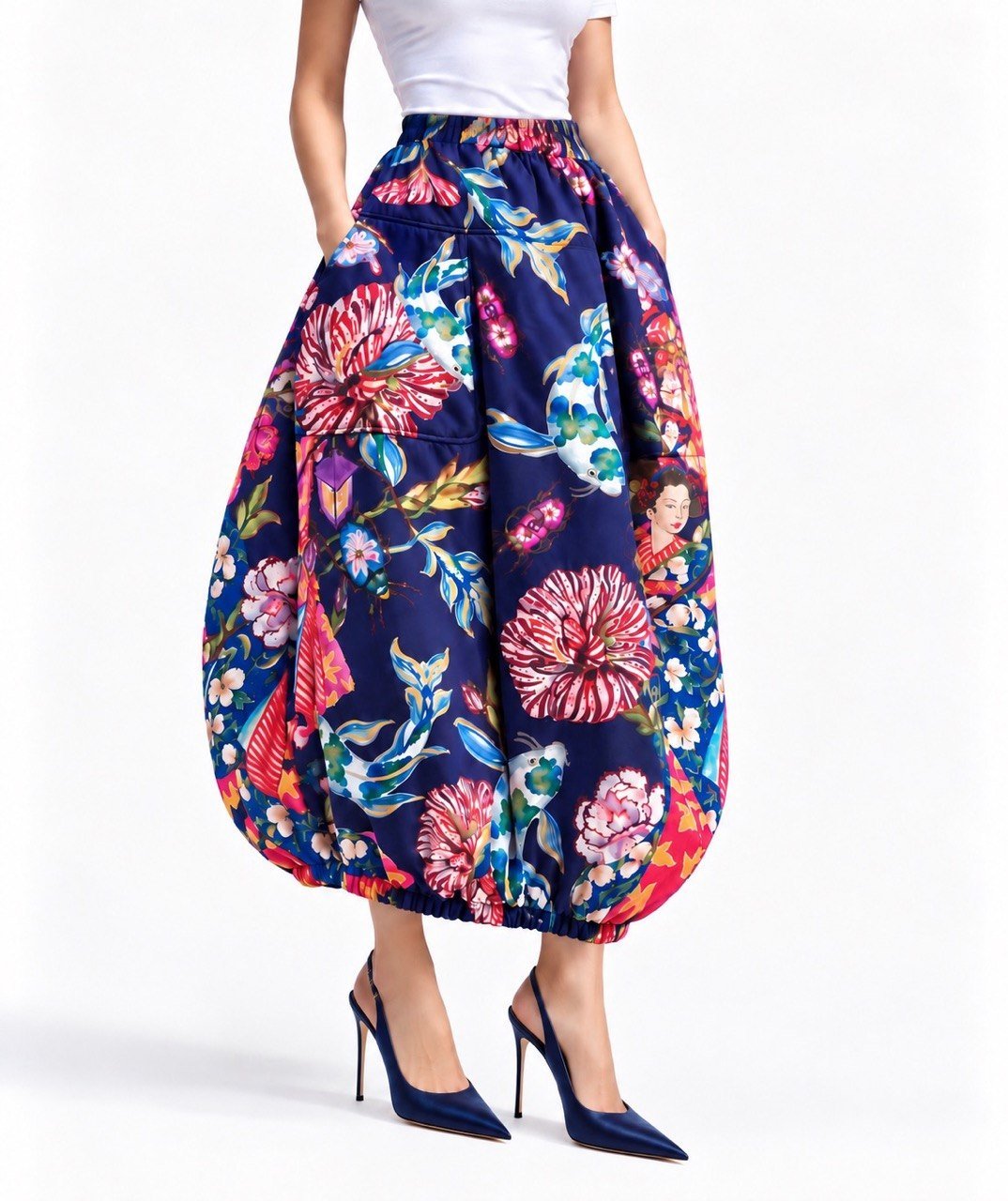 Falda globo larga con bolsillos, estampado multicolor