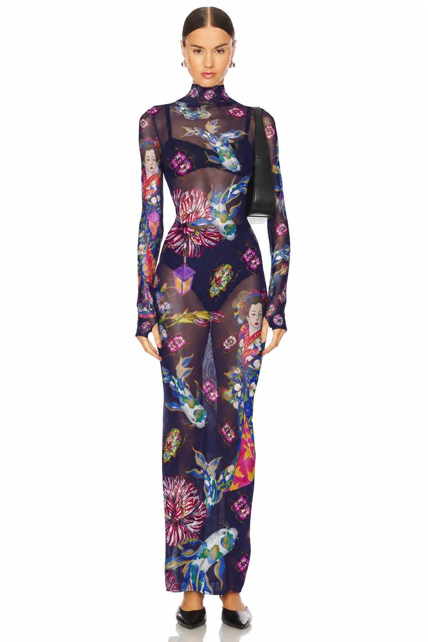 Vestido Largo Mesh Geisha Azul