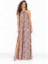 Vestido Halter Jardín Bad Sisters, vista frontal del vestido largo floral multicolor