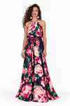 Vestido Halter Semiplato Rose Negro Bad Sisters frente, vestido largo de fiesta con flores rosadas