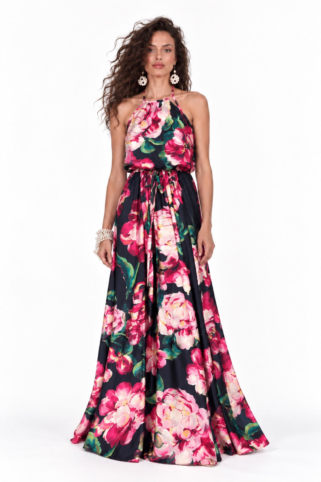 Vestido Halter Semiplato Rose Negro Bad Sisters frente, vestido largo de fiesta con flores rosadas